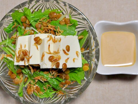 小えびとレンズ豆と豆腐の水菜サラダ